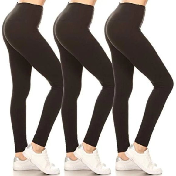 Solid Black Buttery Soft Yoga Band Leggings Package of 3 - Picture 1 of 1